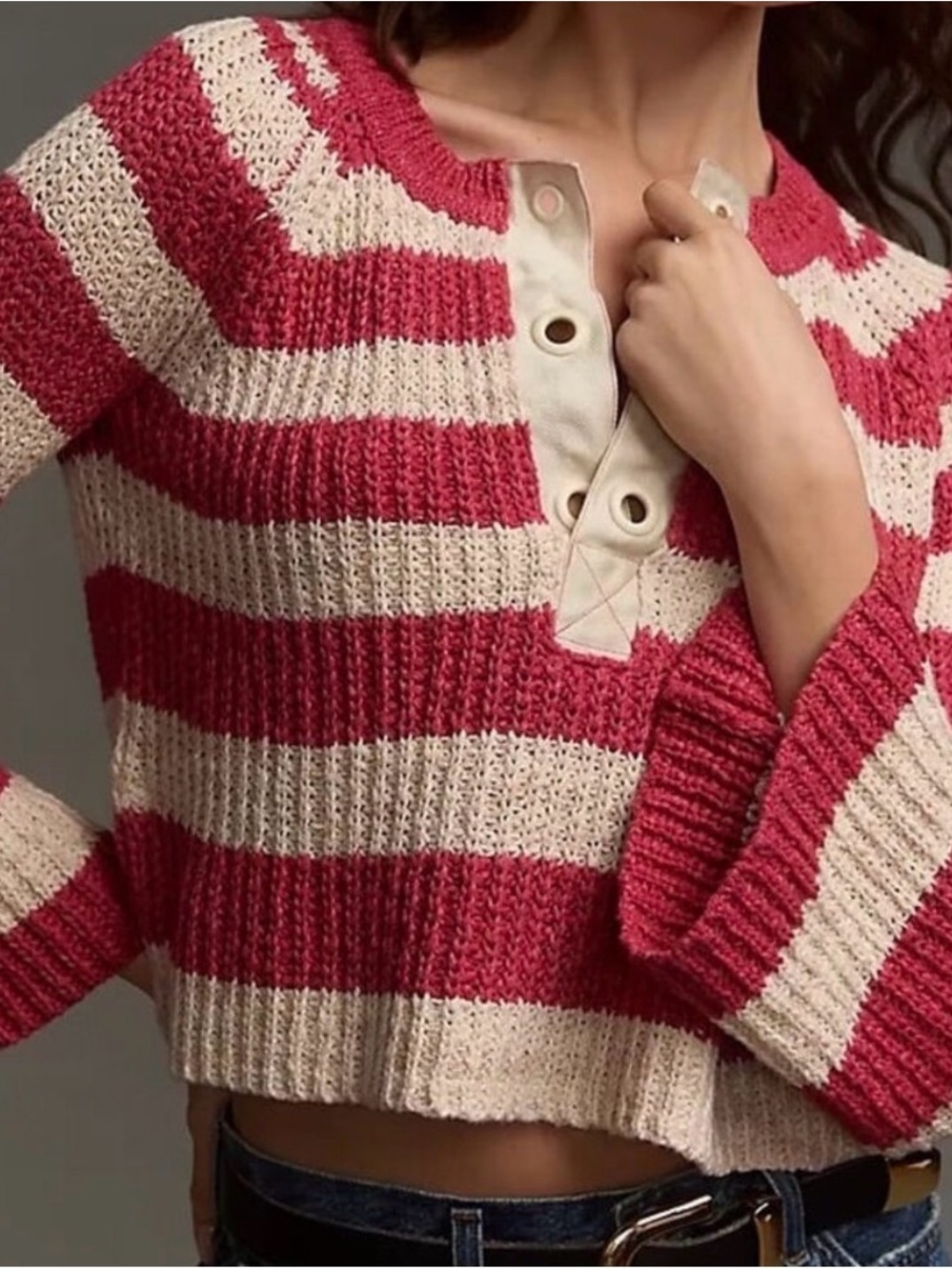 Pilcro Red and Cream Striped Henley Knit Sweater